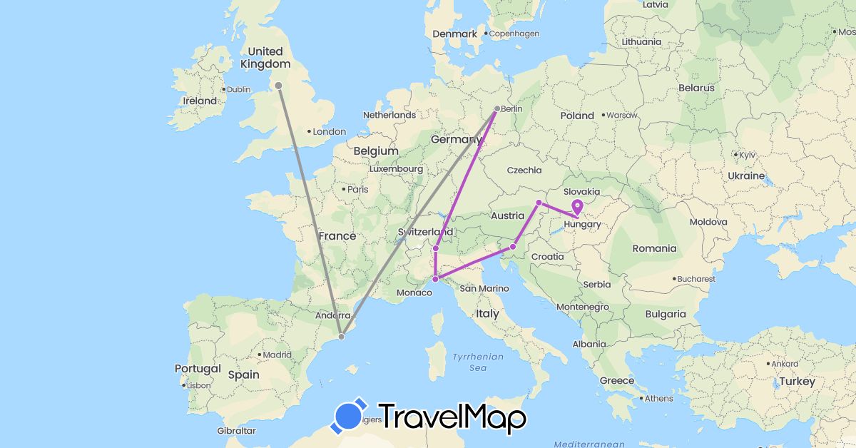 TravelMap itinerary: plane, train in Switzerland, Czech Republic, Germany, Spain, United Kingdom, Croatia, Hungary, Italy, Slovenia, Slovakia (Europe)